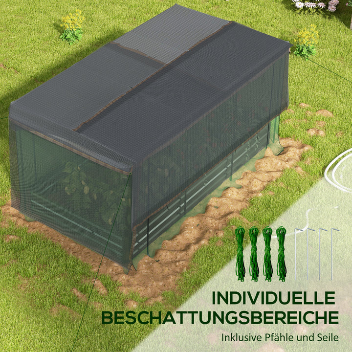 Højbed til solskin med fuglebeskyttelsesnet og solskærm, metalkabinet, 230x110x110 cm, grå/grøn/sort
