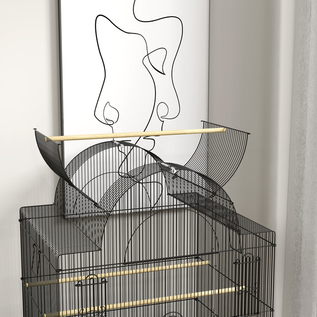 Fuglebur til kanariefugle og undulater, mobil, med bundrum, metalnet, sort
