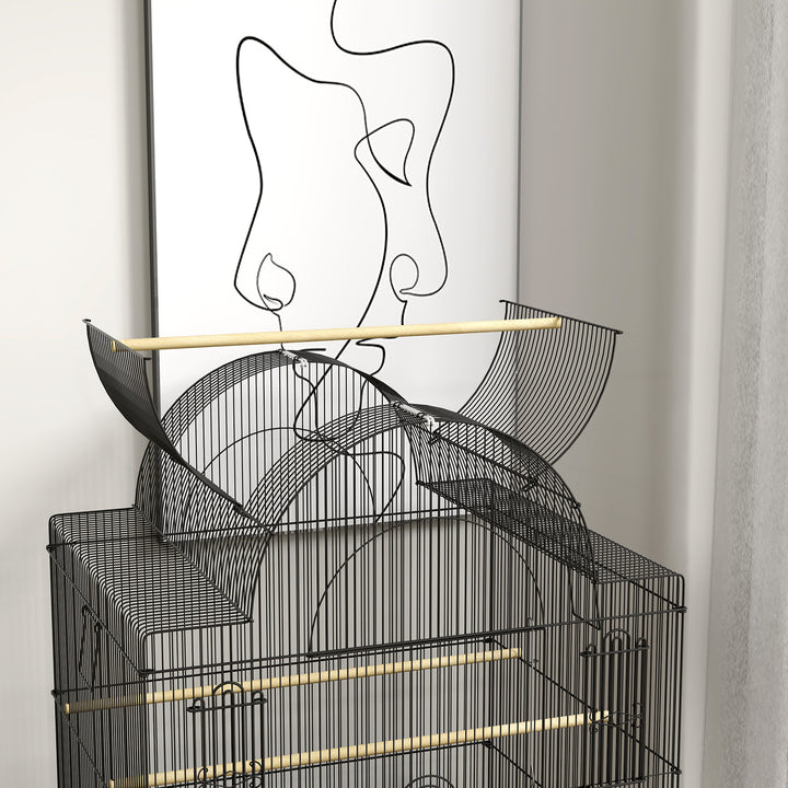 Fuglebur til kanariefugle og undulater, mobil, med bundrum, metalnet, sort