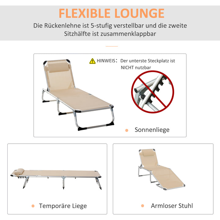 Foldbar liggestol med nakkestøtte, ergonomisk liggestol med 4-niveau justerbar ryglæn, lavet af aluminium, lasteevne op til 120 kg, til have, terrasse, pool, strand, beige
