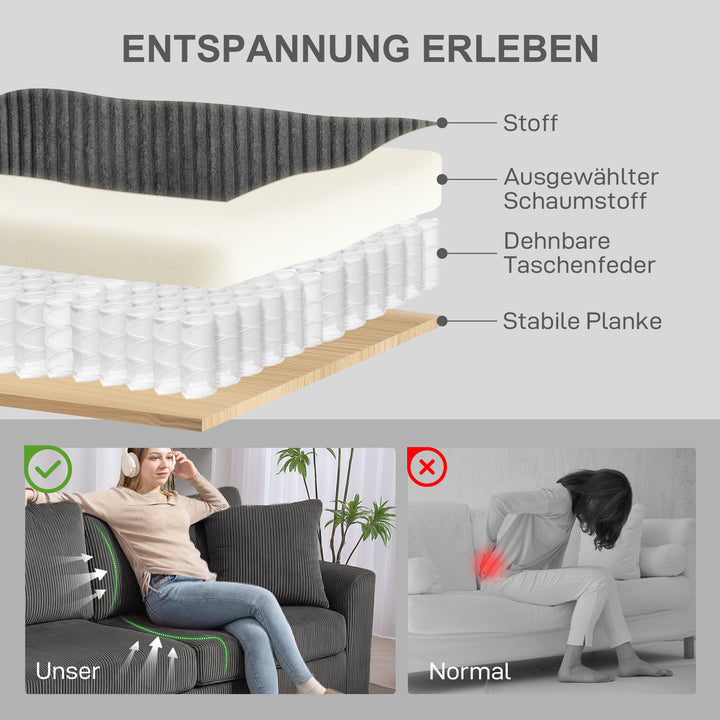 3-personers sofa med dekorative hynder, corduroy sofa til stue, soveværelse, 212 cm bred, mørkegrå