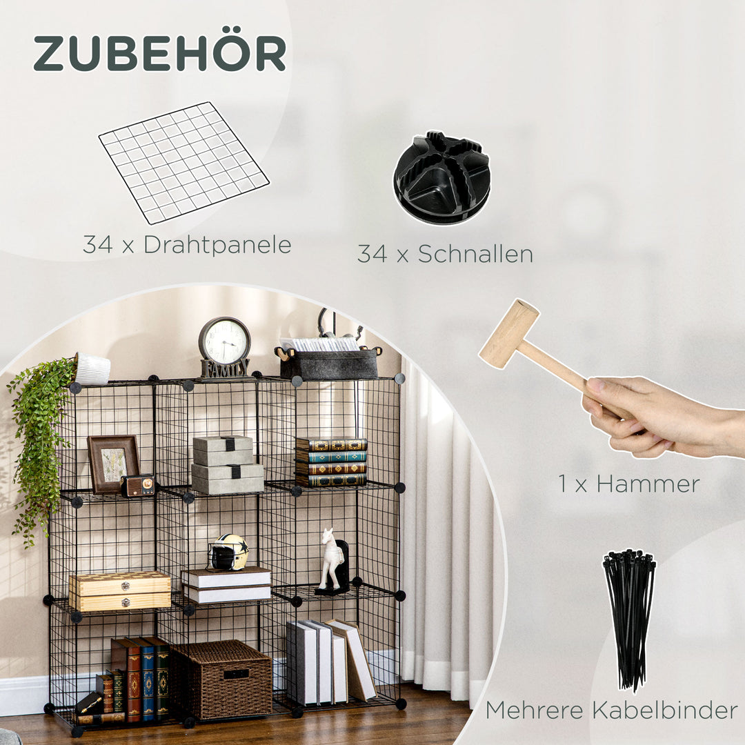 Reol, kubehylde, skohylde, 9 kuber, modulær konstruktion, stål, sort, 35 x 35 x 35 cm pr. kube