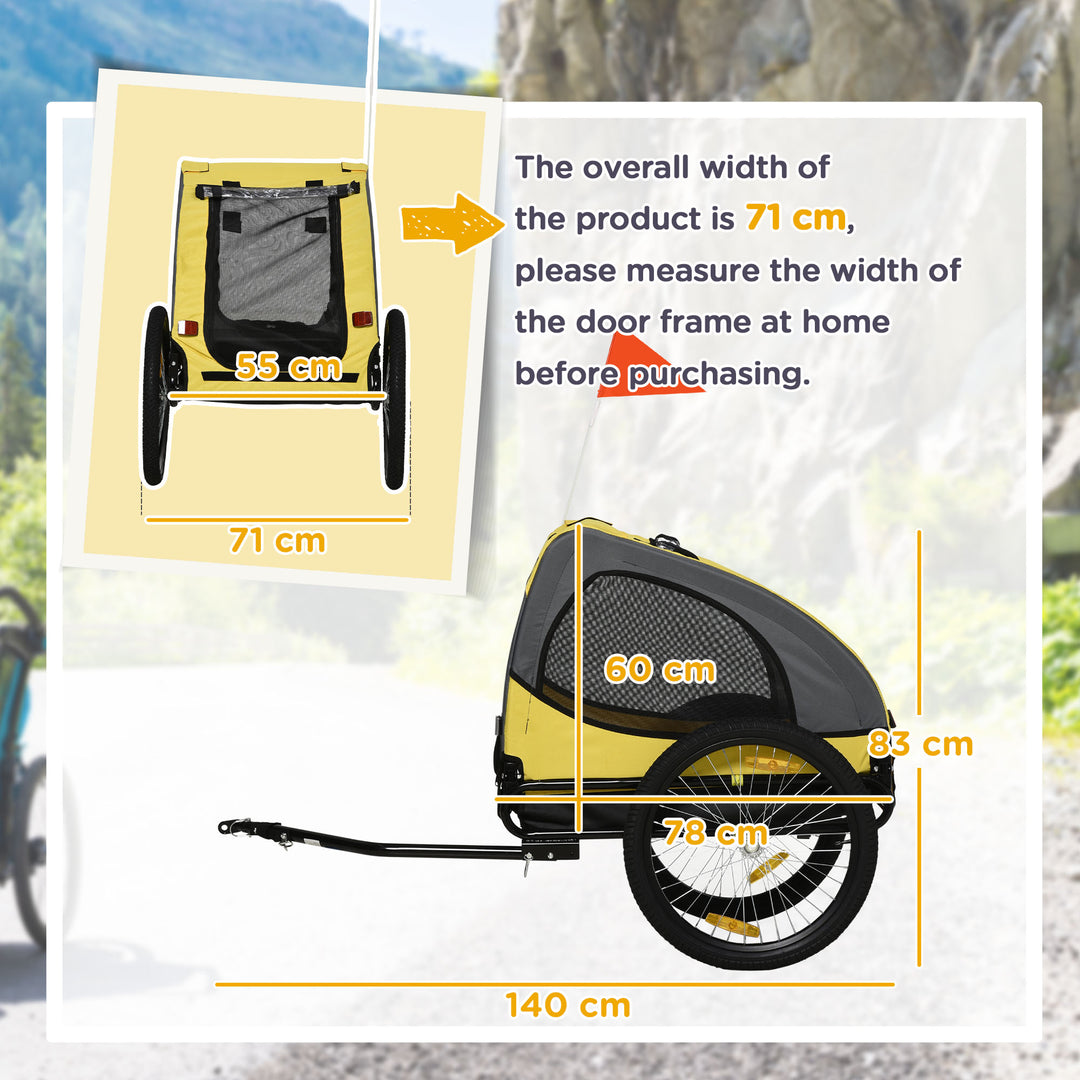 Hundetrailer op til 20 kg, netvindue, rulleovertræk, universalkobling, stålramme, gul, 140 x 71 x 83 cm