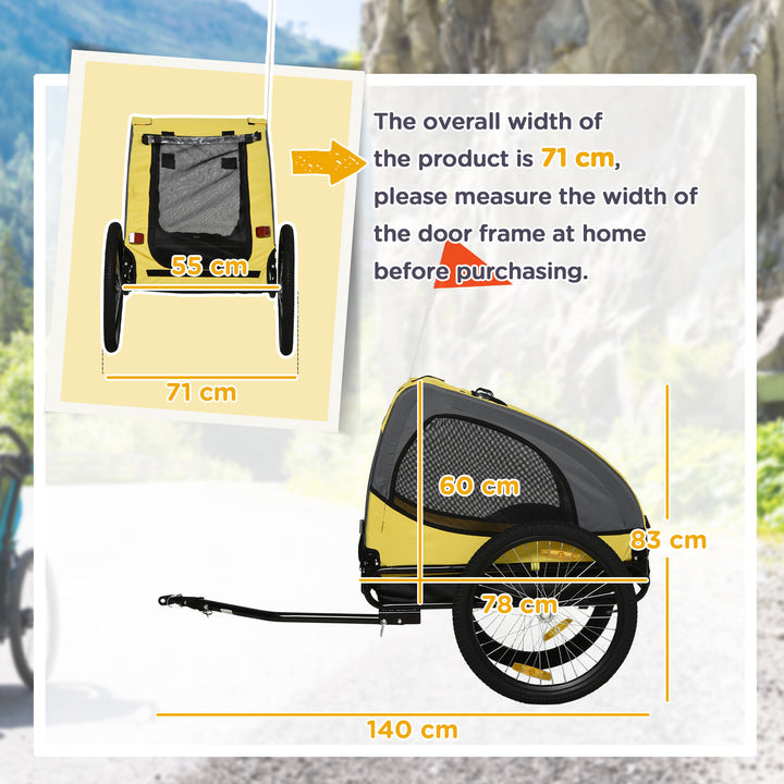 Hundetrailer op til 20 kg, netvindue, rulleovertræk, universalkobling, stålramme, gul, 140 x 71 x 83 cm