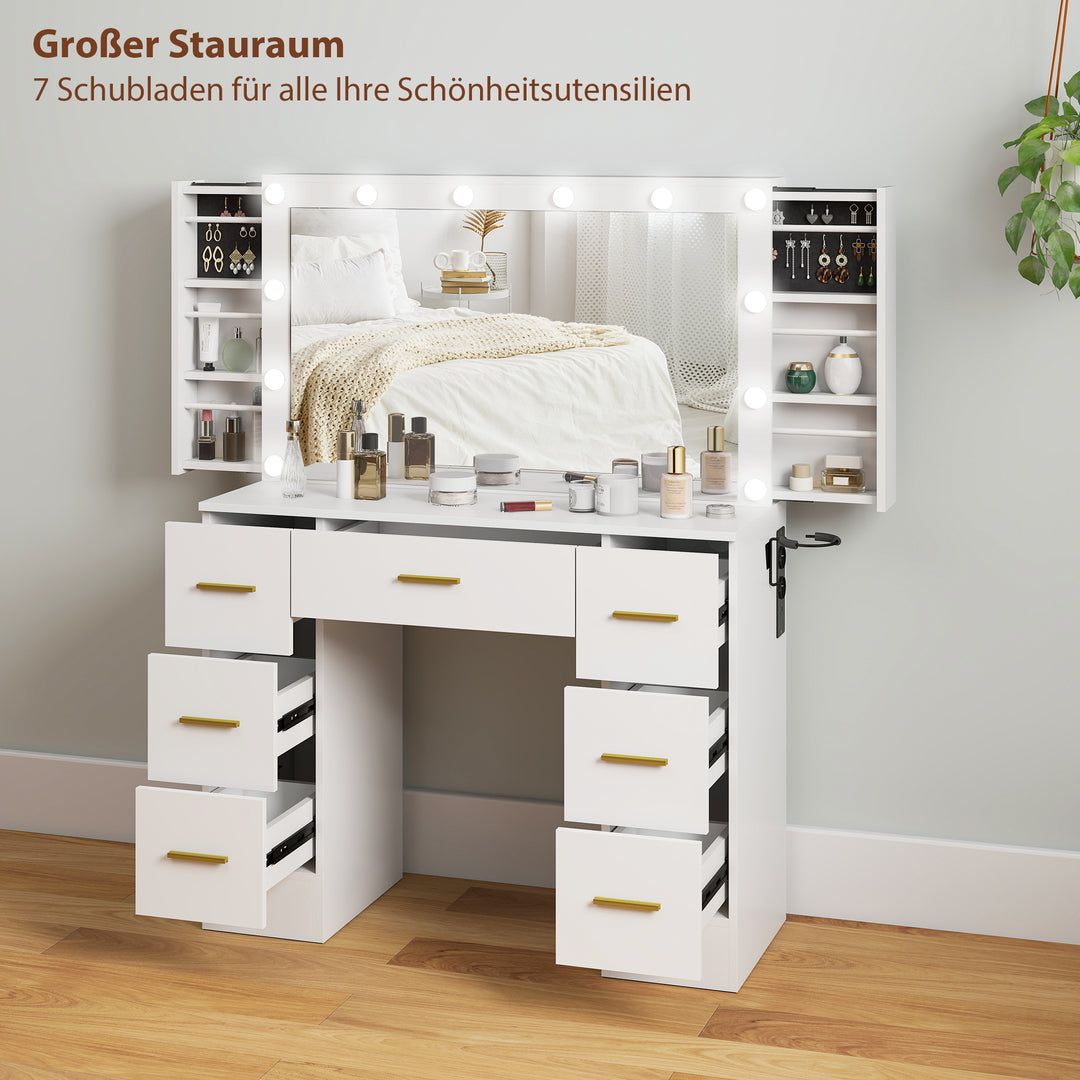 Toiletbord med spejl og 12 led-lys, sminkebord med 7 skuffer, spånplade, hvid