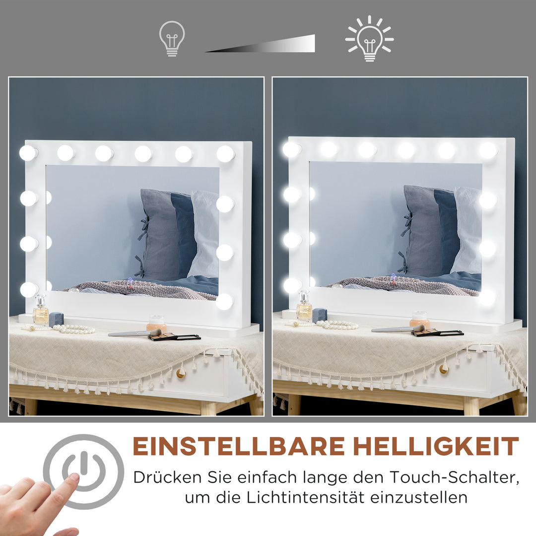 Hollywood-spejl med belysning, touch-betjening, hukommelsesfunktion, 12 dæmpbare LED-lamper, hvid, 80 x 60 cm