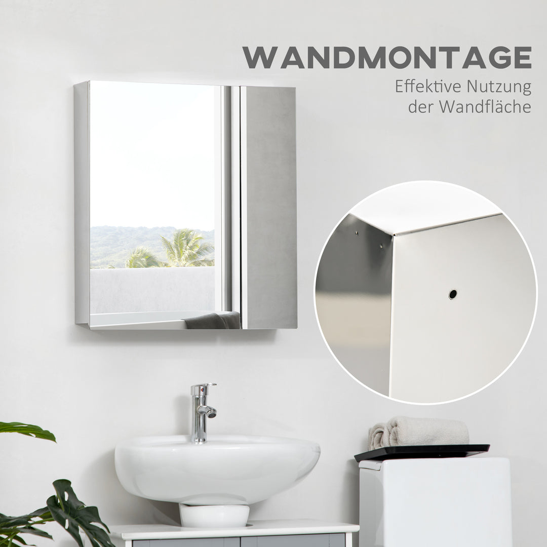 Spejlskab, badeværelsesskab, 2 spejldøre, 3 indvendige hylder, rustfrit stål, farve: sølv, 54 x 13 x 60 cm