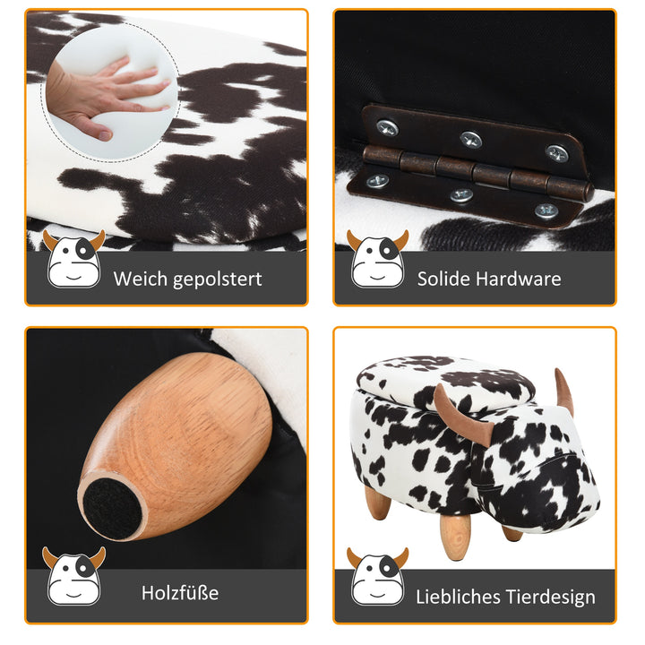 Dyreskammel, dekorativ skammel med opbevaringsplads, polstret skammel, siddeskammel, bænk med dyredesign, til stue, grisefodskammel, sort+hvid, 62 x 35 x 36 cm