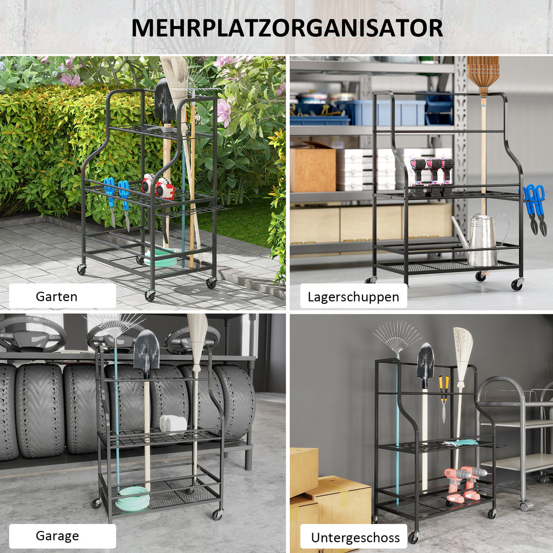 3-lags haveredskabsorganisator med kroge, lasteevne op til 40 kg, 77x40x97cm, sort