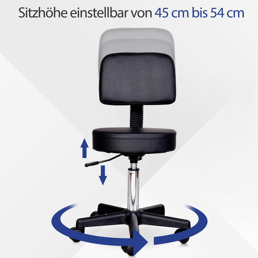 Højdejusterbar rulleskammel med ryglæn, drejeskammel 72-84 cm, 360° drejelig arbejdsskammel, kontorskammel til kontor, salon, massage, spa, sort