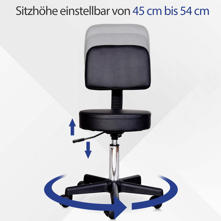Højdejusterbar rulleskammel med ryglæn, drejeskammel 72-84 cm, 360° drejelig arbejdsskammel, kontorskammel til kontor, salon, massage, spa, sort