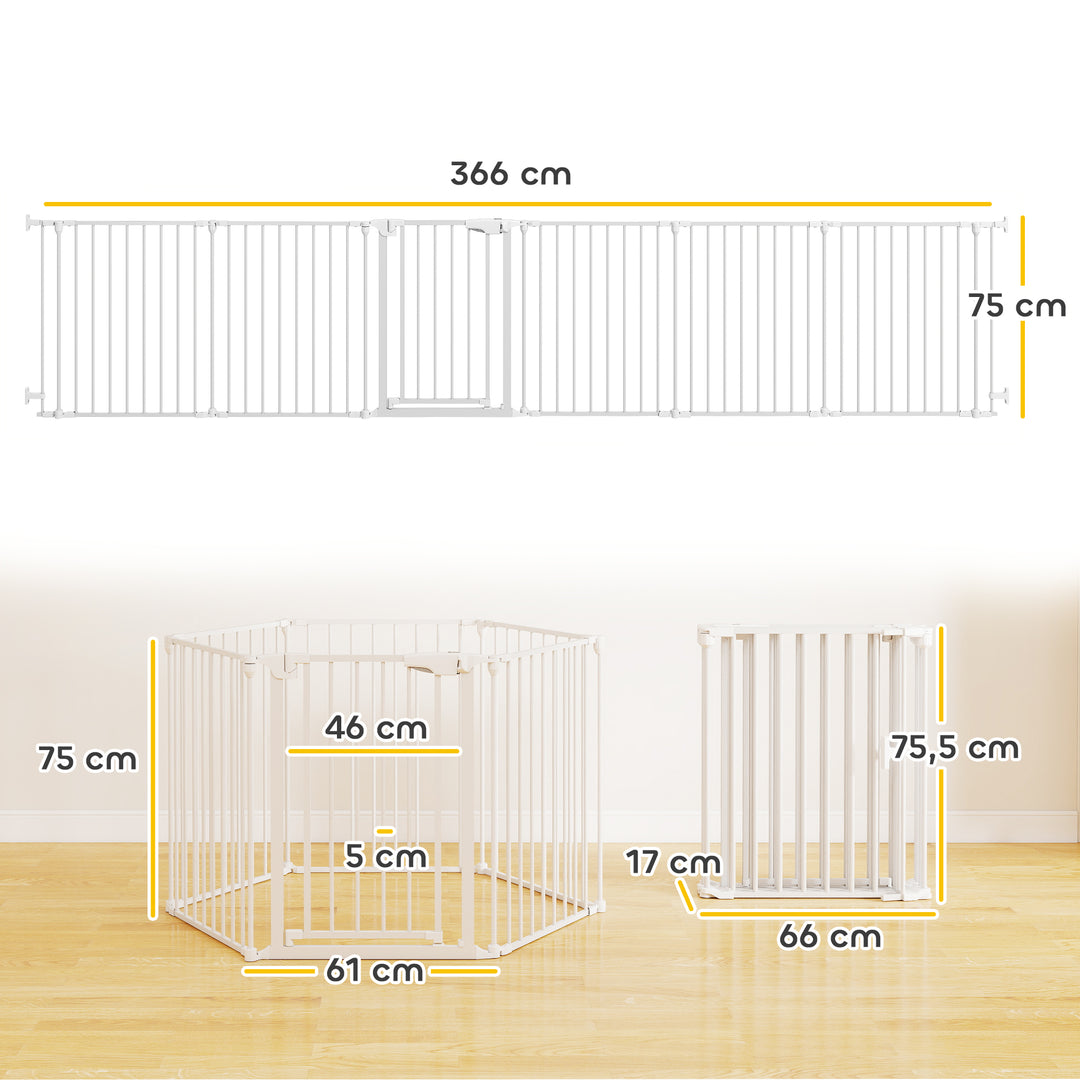 Kæledyrshegn, 6-panels barriere med dør, foldbar, til små og mellemstore hunde, plastik, kulstofstål, hvid
