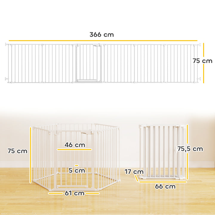 Kæledyrshegn, 6-panels barriere med dør, foldbar, til små og mellemstore hunde, plastik, kulstofstål, hvid