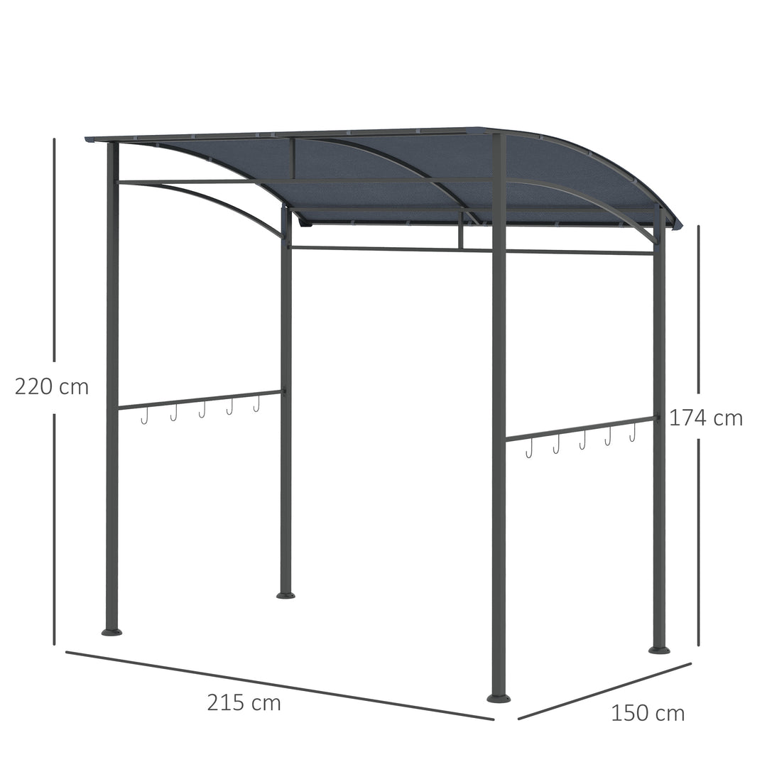 Grillpavillon, grillovertræk, regnslag, kroge til redskaber, stålramme, grå, 215 x 150 x 174/220 cm