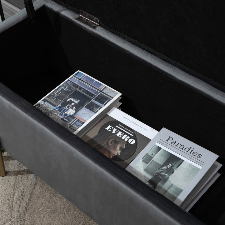 Bænk med opbevaringsplads, polstret bænk med fløjlslook, kommode med metalben, kommodebænk til stue, soveværelse, entre 100 x 40 x 42 cm, mørkegrå