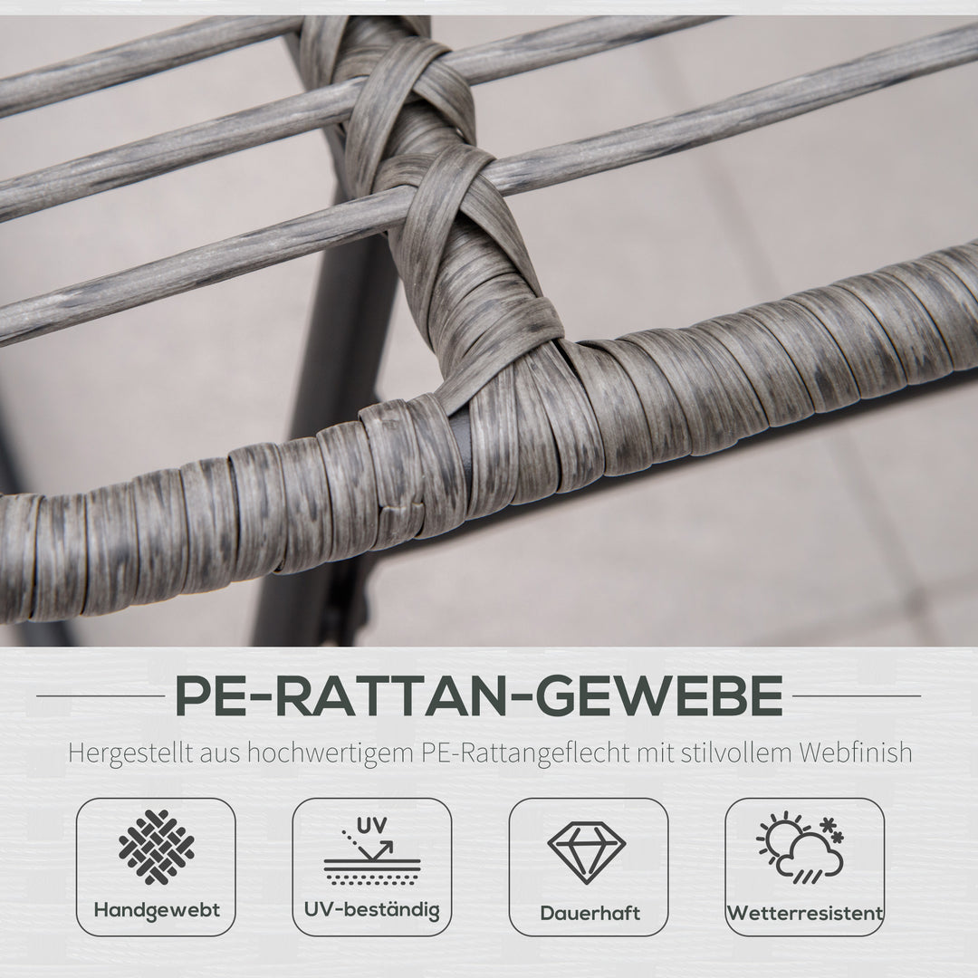 Rattan afslapningsstol med fodskammel, havestol med tykke hynder, udendørs rattanstol, havestol til have, balkon, terrasse, grå