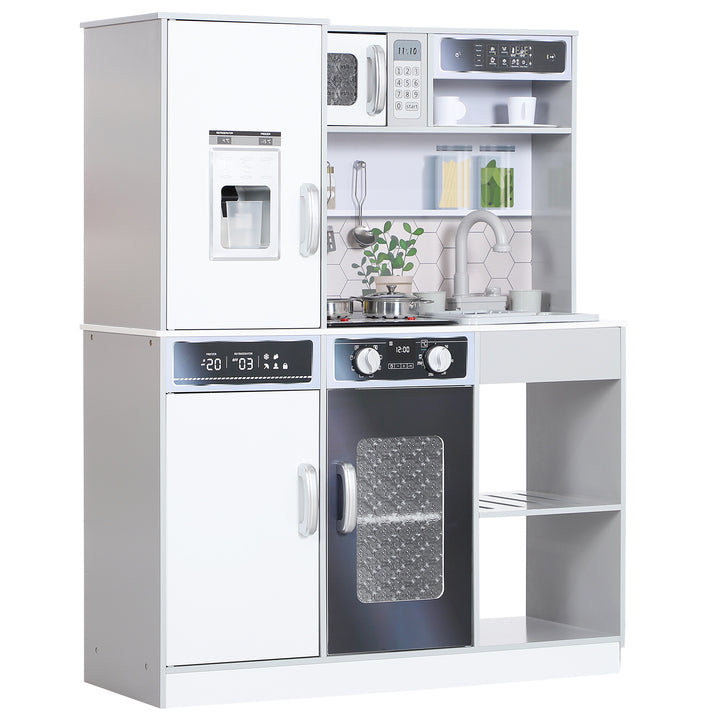 Legekøkkensæt med tallerkener i rustfrit stål, komfur, vask med vandcirkulation, lys- og lydeffekter, hvid