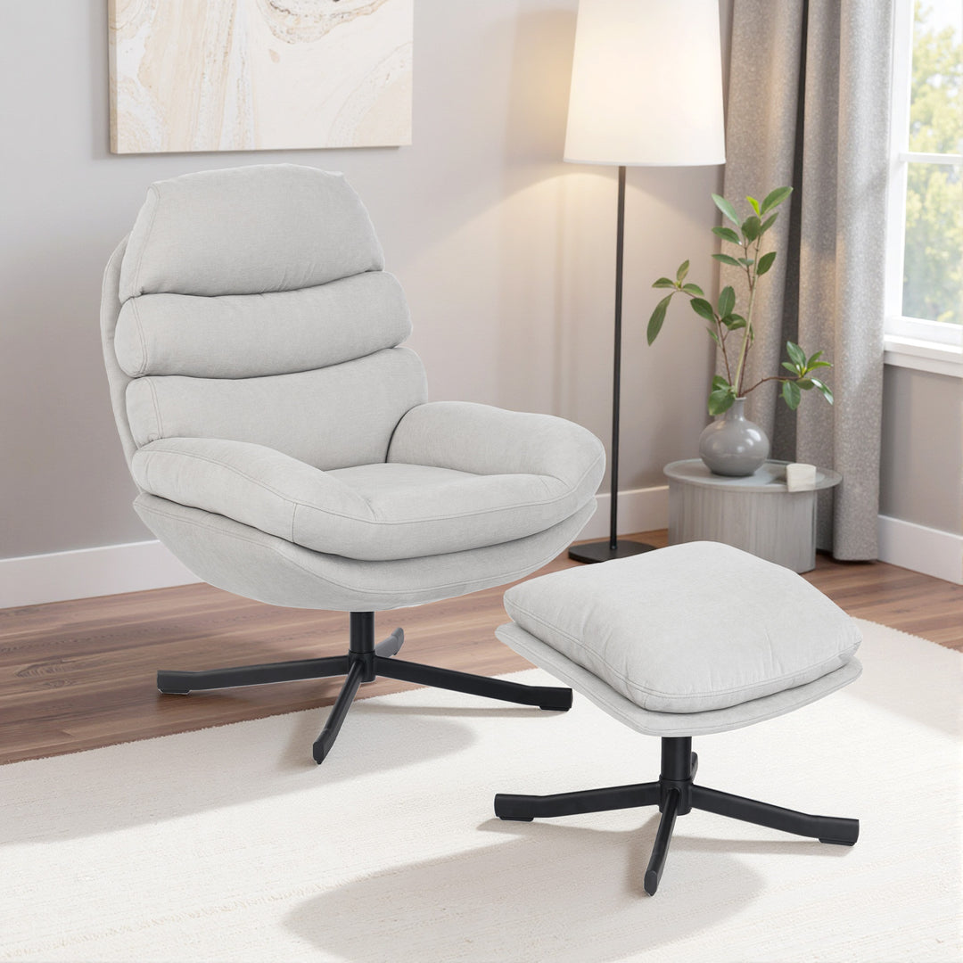 Lænestol med fodskammel, loungestol med chenillestof, moderne TV-stol, 78 x 93 x 100 cm, cremehvid