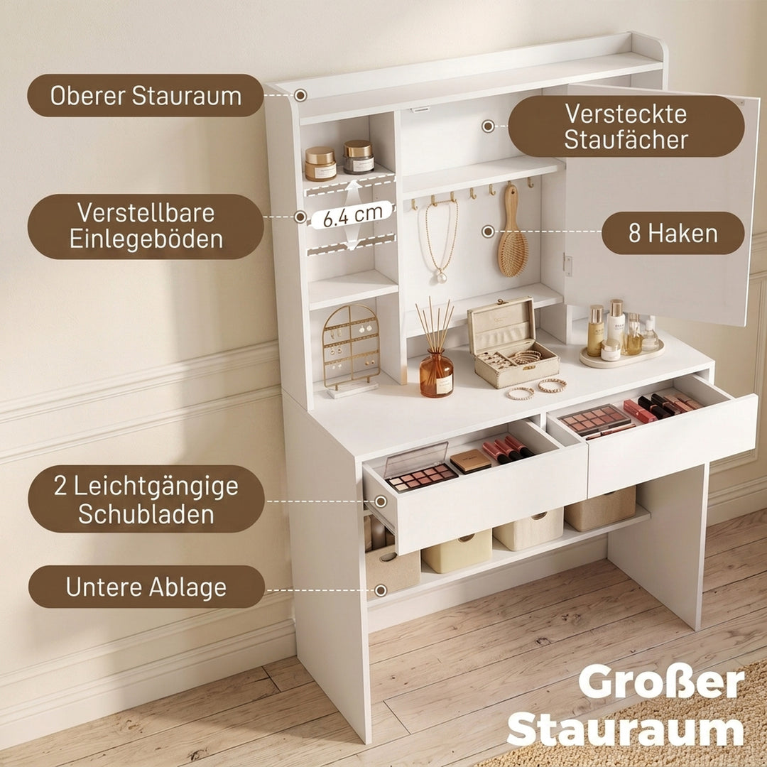 Toiletbord med spejlskab, LED-belysning, 2 skuffer, hvid