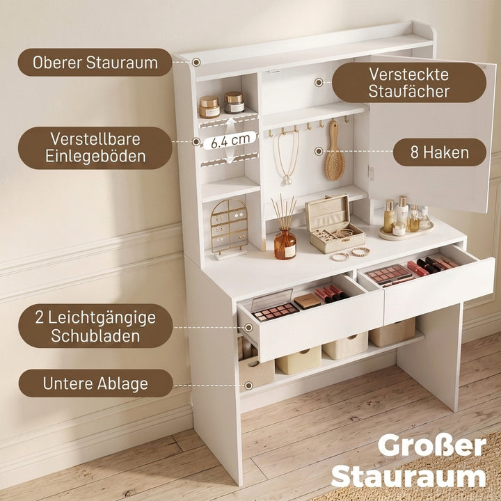 Toiletbord med spejlskab, LED-belysning, 2 skuffer, hvid