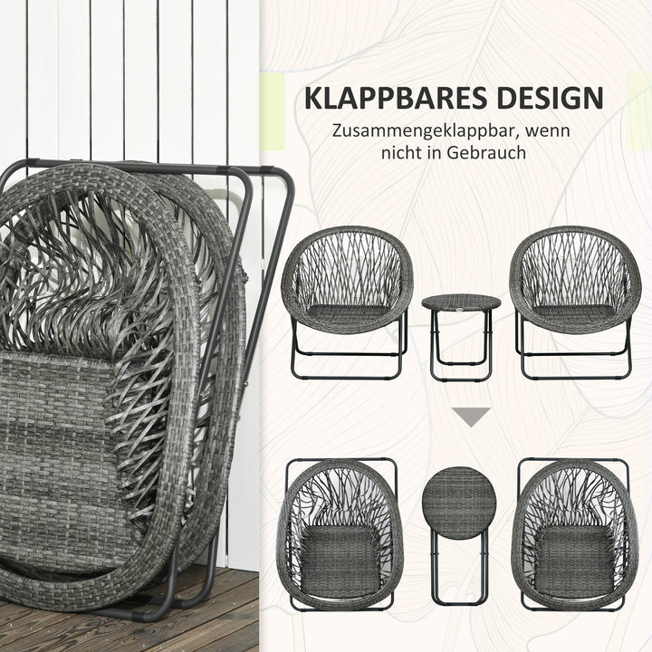 3-Delt havemøbelsæt i rattan med 2 stole og 1 klapbord, grå