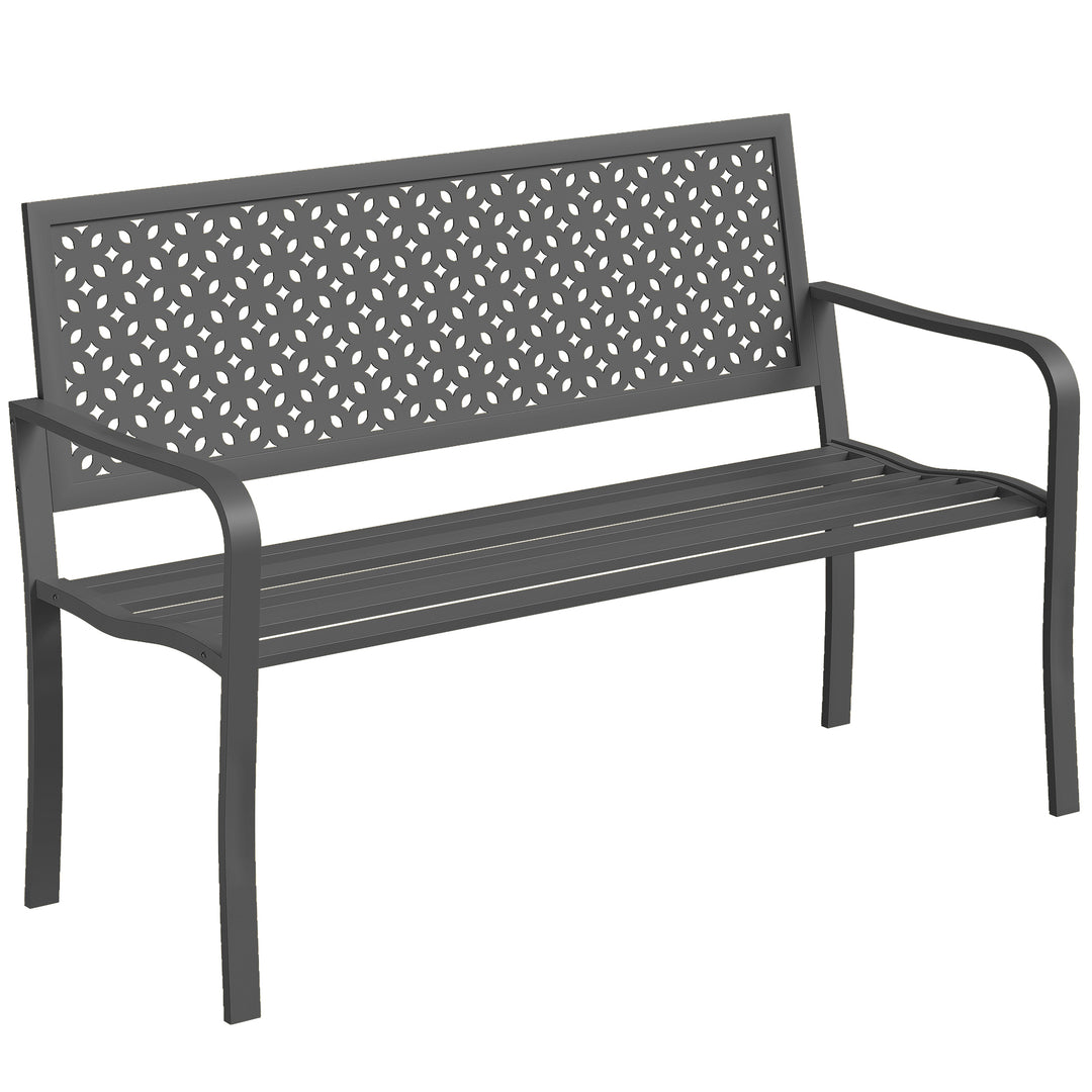 2-personers havebænk i metal, vejrbestandig udendørsbænk med rustbestandigt ryglæn, geometrisk design, understøtter op til 240 kg
