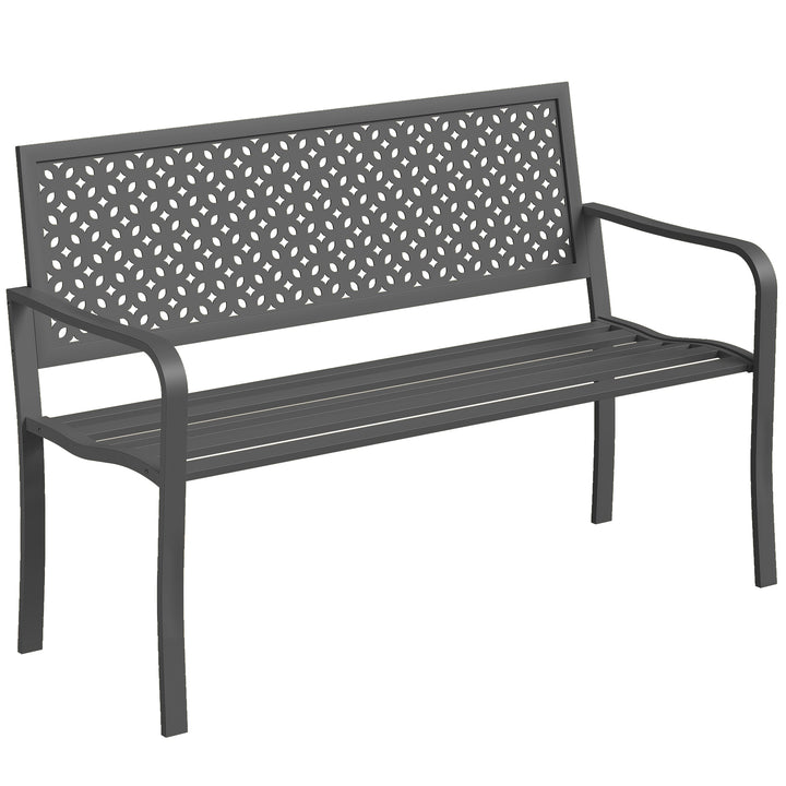 2-personers havebænk i metal, vejrbestandig udendørsbænk med rustbestandigt ryglæn, geometrisk design, understøtter op til 240 kg