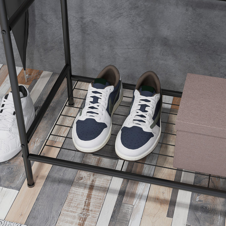 Tøjstativ, 2 tøjstænger, hylde og kroge, bambus/stål, sort