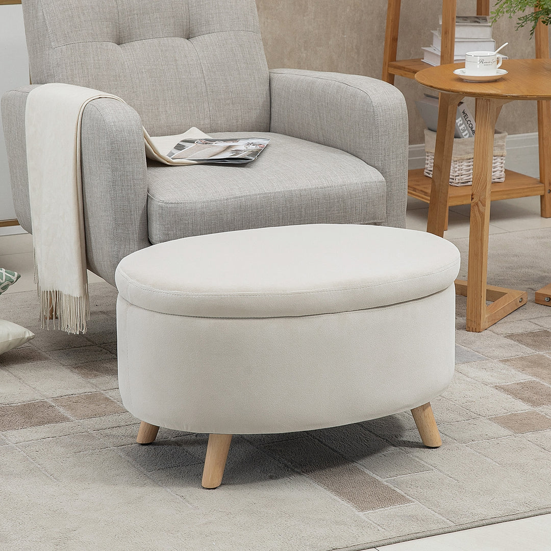 Bænk med opbevaringsplads, skammel, oval form, fløjlslook, op til 120 kg, 71 x 51,5 x 42 cm, beige