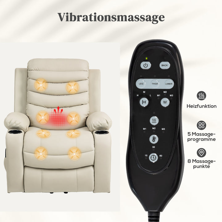 Elektrisk TV-lænestol med løftefunktion, massage, varme, USB-porte, PU, creme