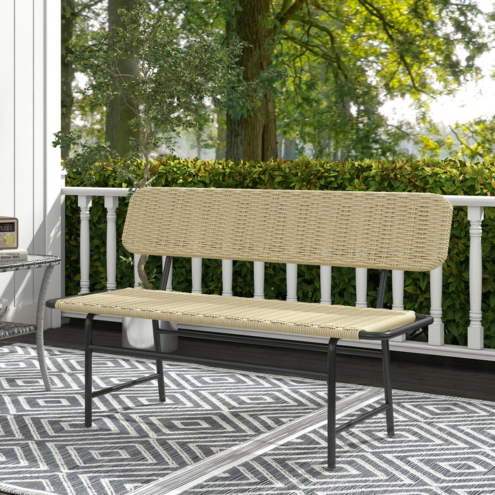 Udendørsbænk til 2 personer, kunstig rattan, rustfri metalramme, 132 x 66 x 80 cm, khaki