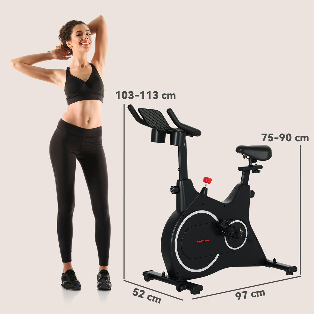 Motionscykel, fitnesscykel med lcd-skærm, tabletholder, flaskeholder, komfortabelt sæde, kompakt, sort