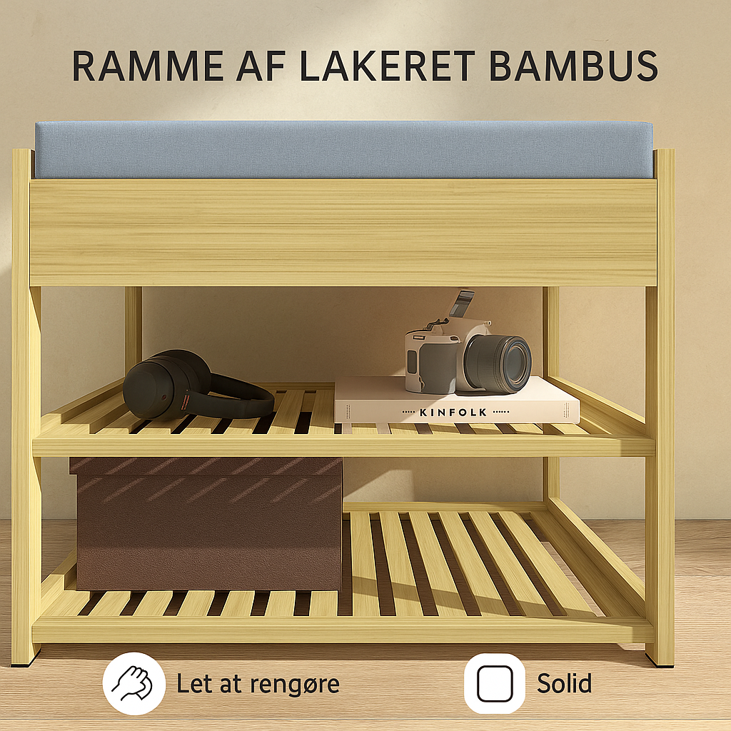 Skobænk med 2 hylder og polstret sæde, bambus, 55 x 35 x 46 cm, grå + naturfarvet