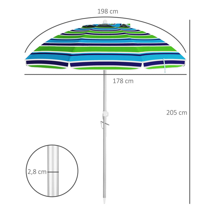 Strandparasol Ø178 cm UV40+ vindtæt, stabil, højdejusterbar strandparasol med vippefunktion, ventilation, taske, flerfarvet
