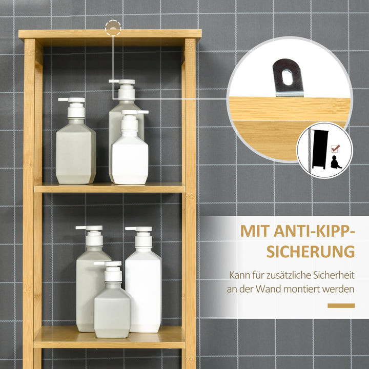 Badeværelsesskab, højskab, tre hylder, et rum med jalousilåge, anti-tip anordning, bambus, 34 x 30 x 173 cm