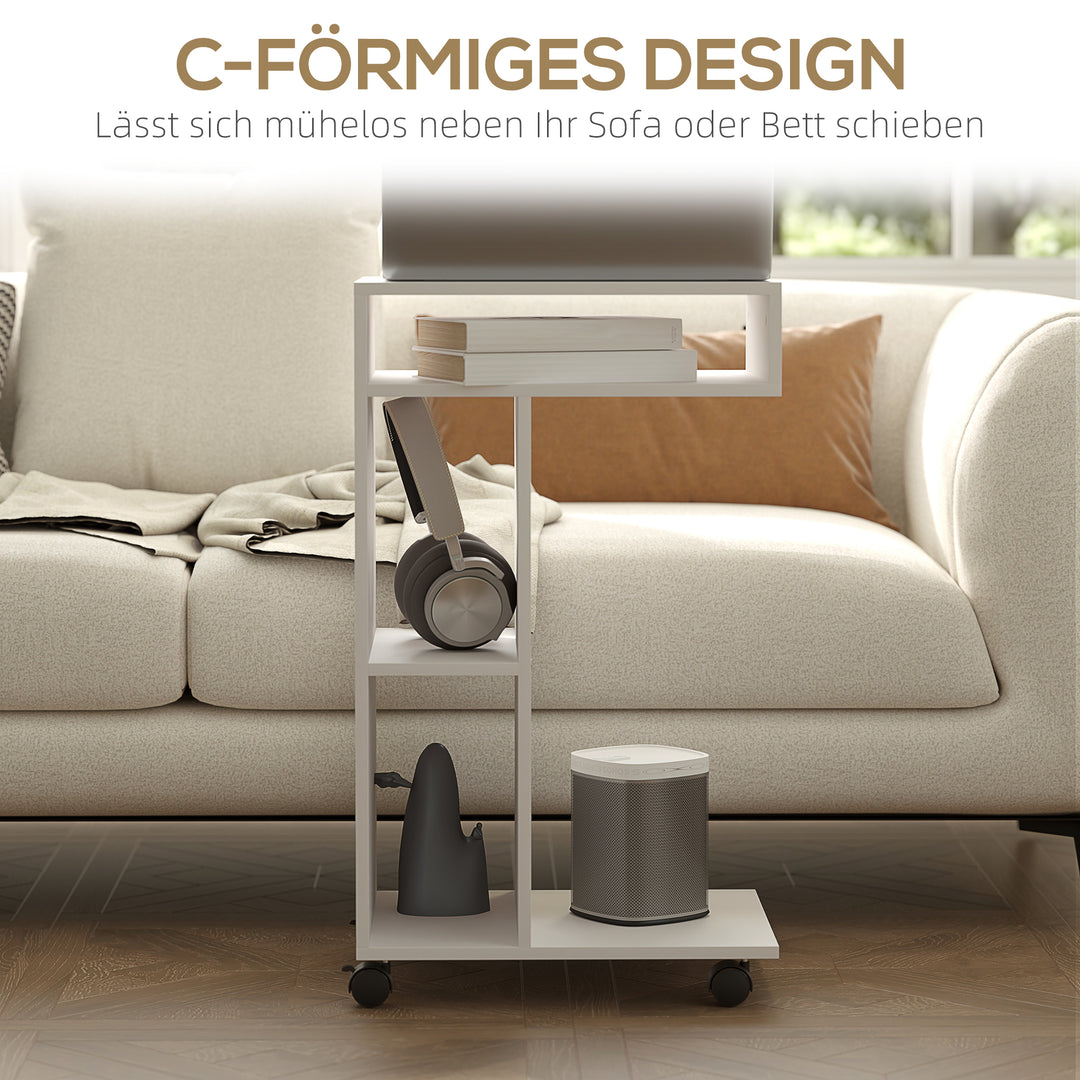 Sidebord, c-formet serveringsvogn, 4 hjul, 3 rum, 40 x 30 x 69 cm, hvid
