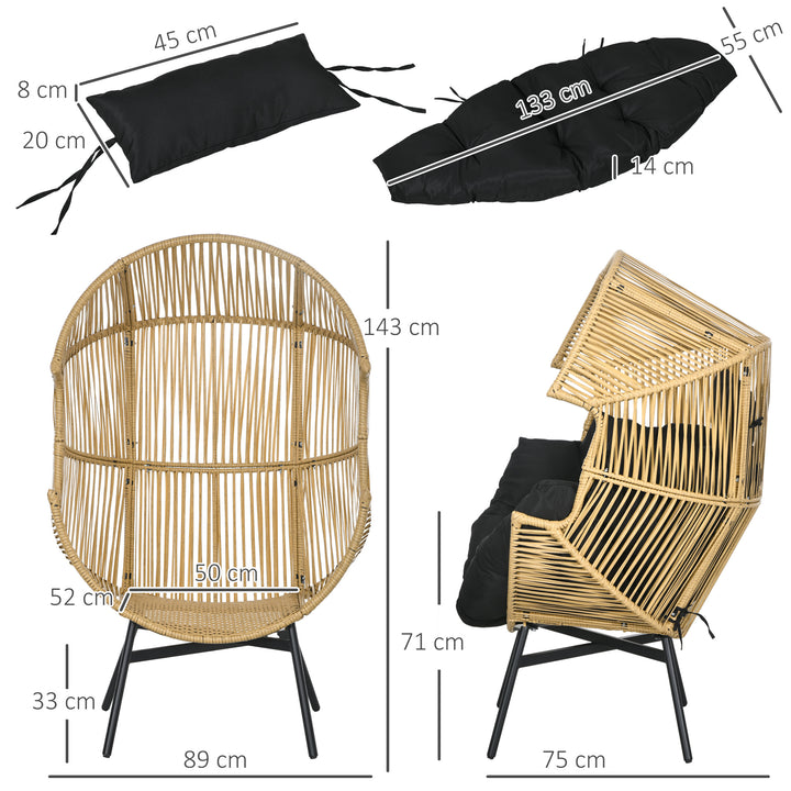 Rattan lænestol, udendørs lænestol, havelænestol, PE-rattan, 89 cm x 75 cm x 143 cm, naturlig + sort