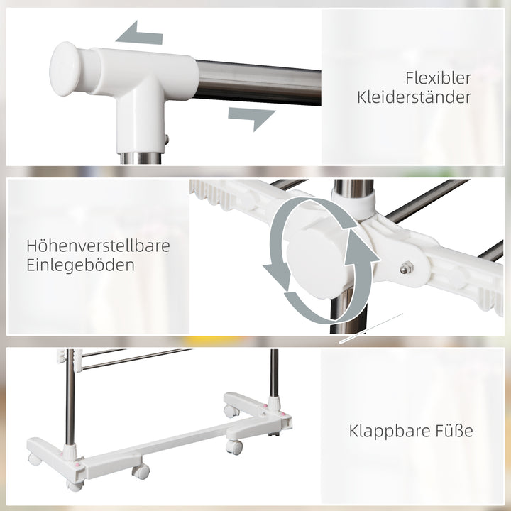 Udtrækkelig tørrestativ med 3 niveauer, foldbare vinger, hjul, indendørs og udendørs tørretumbler, hvid, 83-136,5 x 45,5 x 154 cm