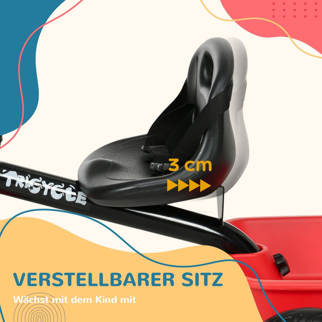 Børnetrecykel med hoftesele, 2 kurve, højdejusterbart sæde, metalstel, til børn 2-5 år, sort+rød