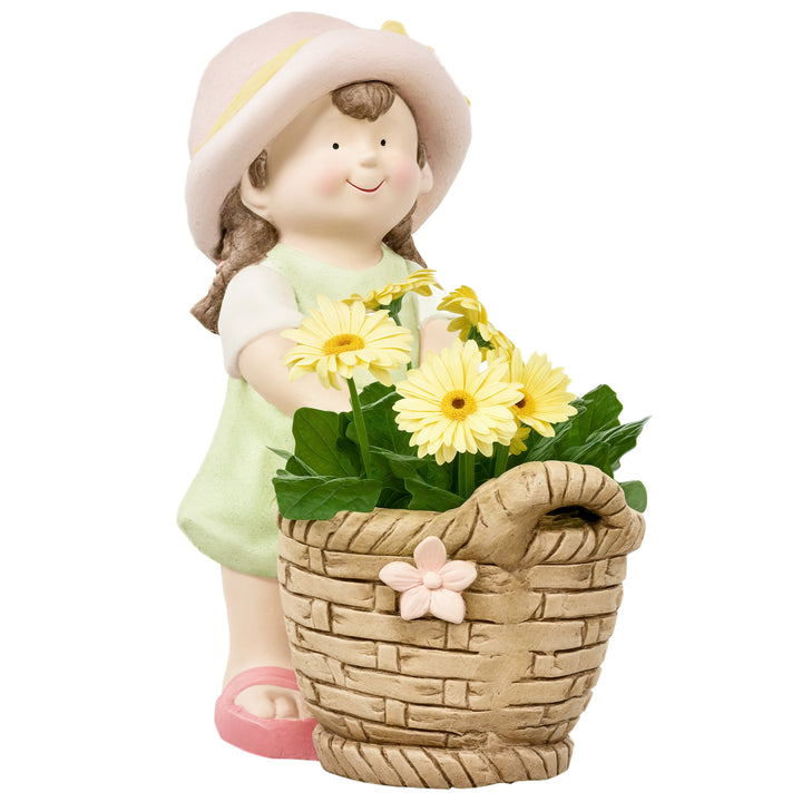 Havefigur "Pige med blomsterkurv", havedekoration, vejrbestandig, 20 cm x 30 cm x 40 cm