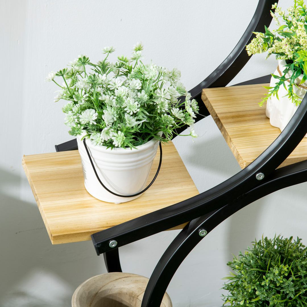 Plantestativ med 4 hylder, massivt træ, vejrbestandigt, 46 cm x 25 cm x 91 cm, sort + naturlig