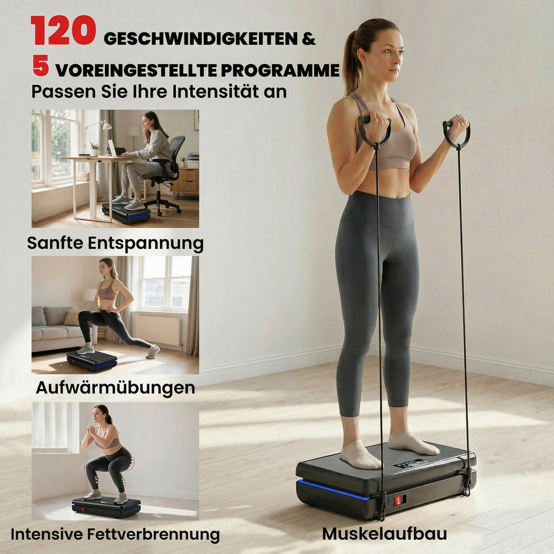 Vibrationsplade med 120 intensitetsniveauer, 5 forprogrammer, LED-lys, modstandsbånd, skridsikker overflade