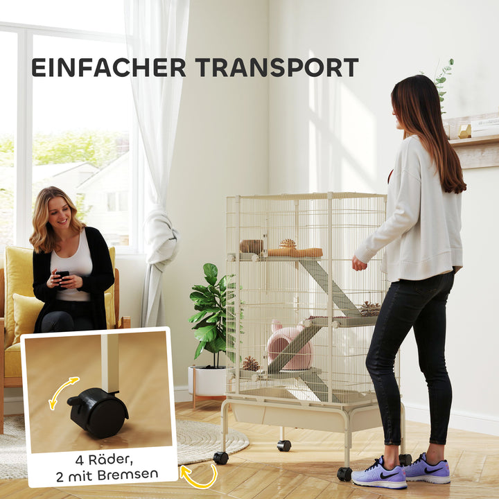 Bur til små dyr, kæledyrsbur med 4 niveauer, madskål, vandflaske, 88 x 48 x 150,5 cm, beige