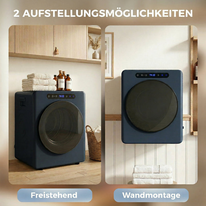 5 kg udluftet tørretumbler, 1000W kompakt fritstående frontbetjent tørretumbler med tromle i rustfrit stål, timer, blå