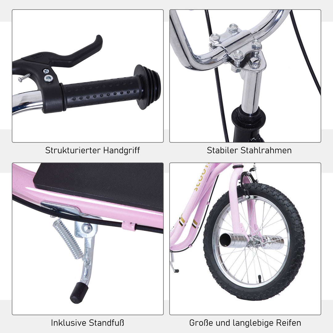 Børneløbehjul med luftgummidæk, løbehjul, city scooter til børn, kickboard, 16 tommer, fra 5 år, højdejusterbar, pink, 143 x 58 x 92-100 cm