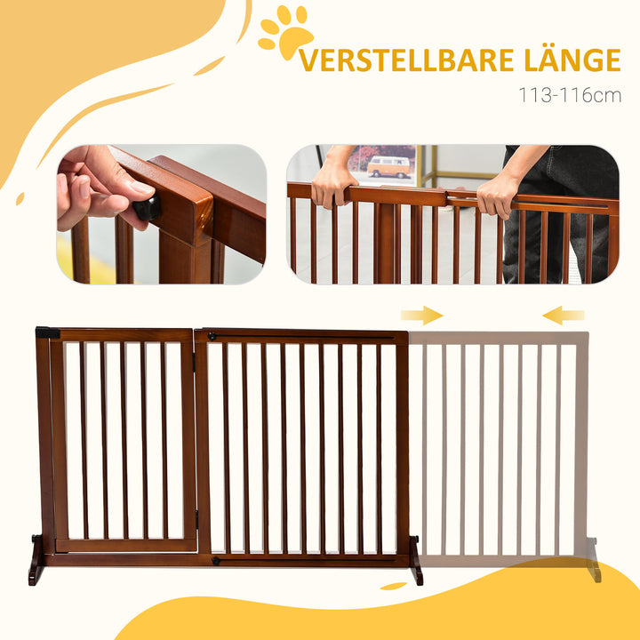 Hundegitter dør sikkerhedsgitter træ fritstående hundegitter med dør hundebarrier konfigurationsgitter til pejs og komfur brun 113-166 x 36 x 71 cm