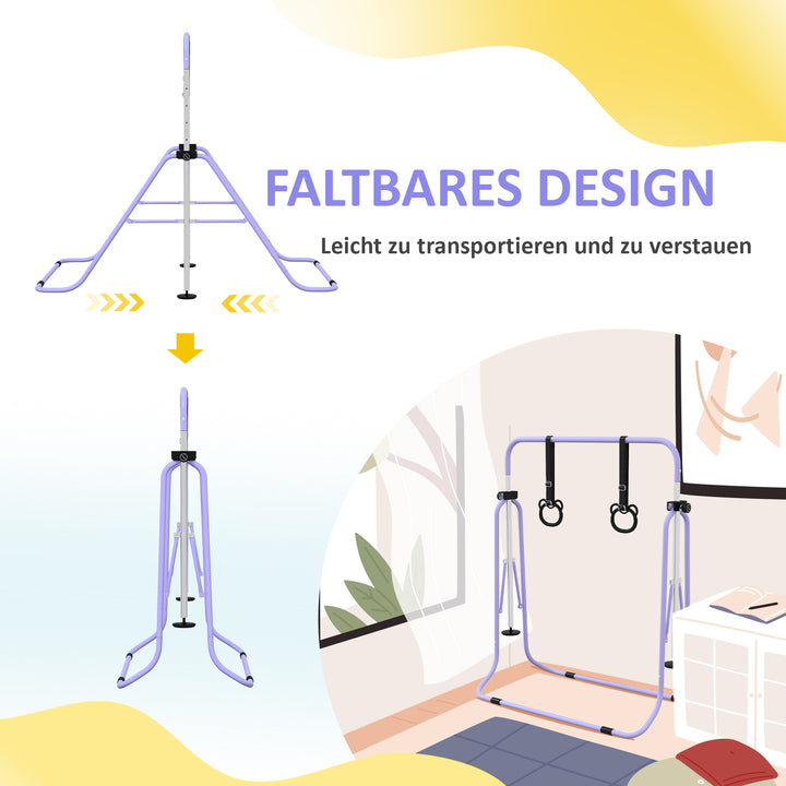 Børne parallelle stænger med ringe, højdejusterbare, foldbare, skridsikkert, stålstel, 148x105x88-128 cm, lyserød