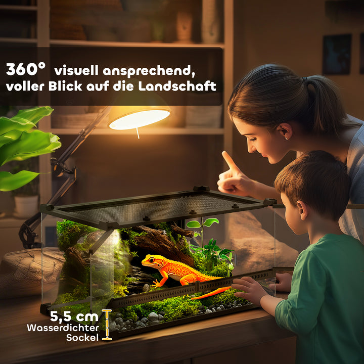 Glas krybdyrterrarium med hævet og vandtæt bund og knaplås