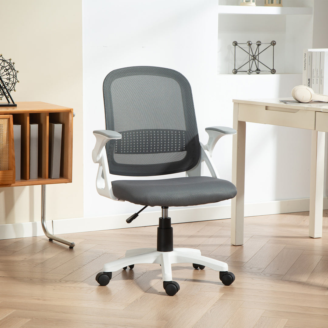 Åndbar netkontorstol, ergonomisk drejestol med foldbare armlæn og lændestøtte, grå