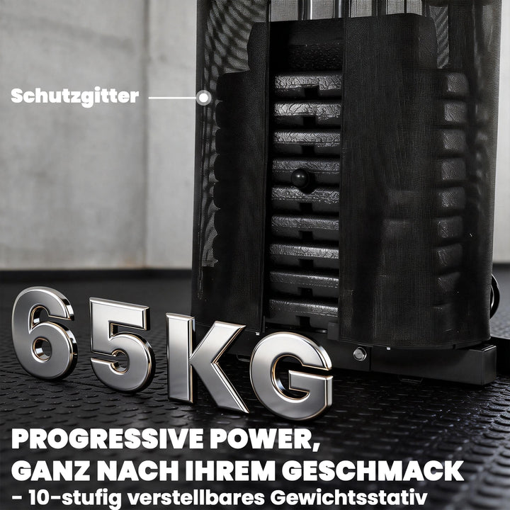Power rack fitnessstation med 65 kg vægte, lat pulldown, butterfly bar, justerbar preacher bænk, bentræner